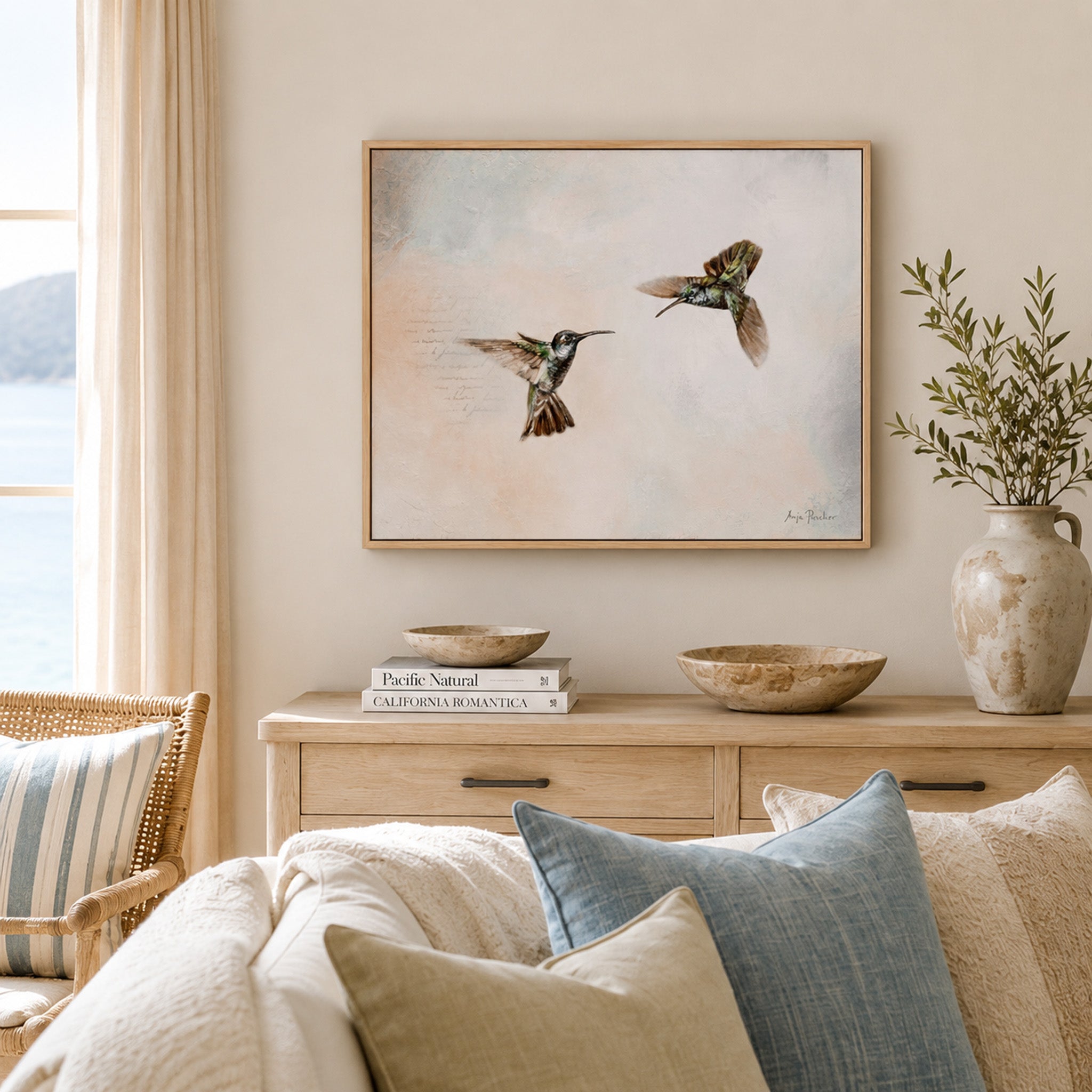 Soft Blue Hummingbird Canvas Print & Paper Wall Art | Coastal